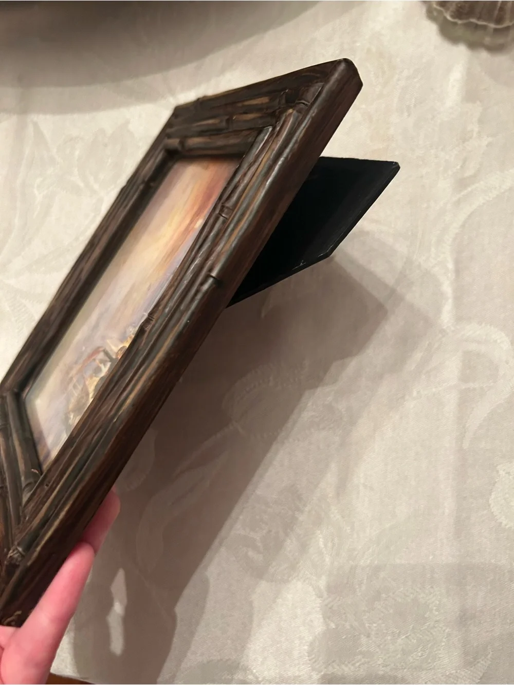 Vintage brown hallmark frame with vintage postcard copy of sailboat oil painting